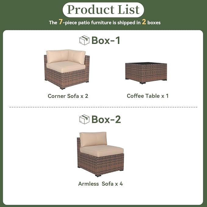 Aoxun 7 Piece Patio Furniture Set Wicker Rattan Patio Conversation Set Outdoor Sectional Sofa Set with Coffee Table and Thickened Cushions, Beige