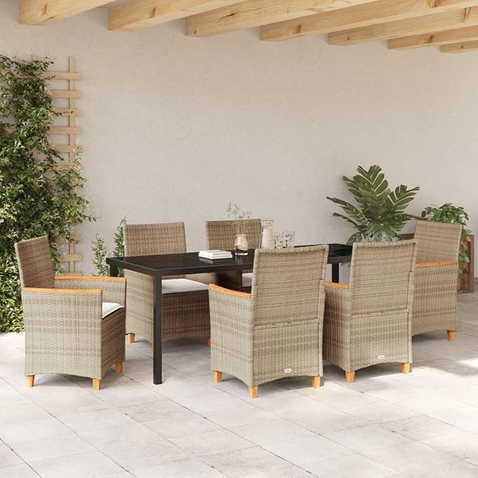 7 Piece Outdoor Dining Set, Beige Poly Rattan Patio Furniture with 6 Cushioned Chairs and Glass Tabletop for Garden Deck Backyard