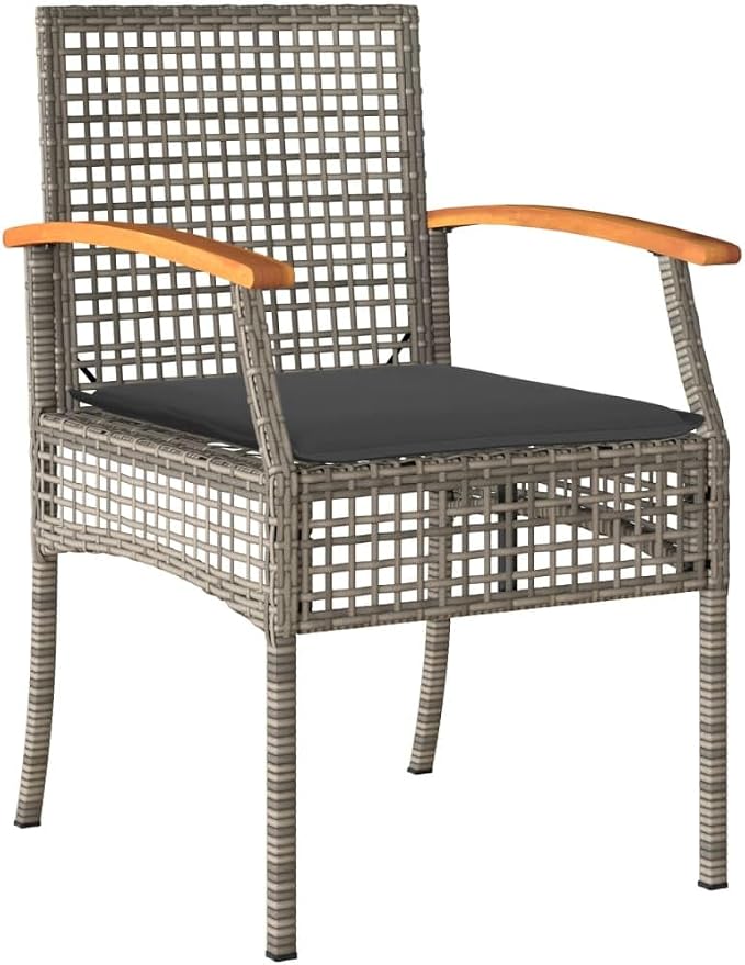 9 Piece Patio Dining Set with Cushions Gray Poly Rattan Outdoor Table and Chairs for Garden Backyard Deck Entertaining Acacia Wood Top