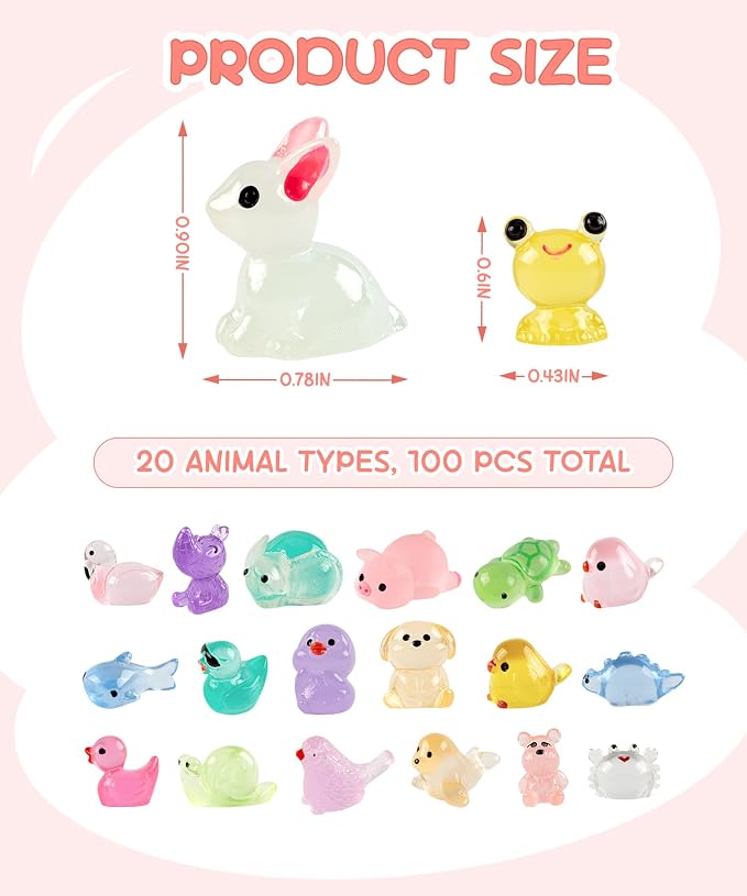 FEXIA 100 Pcs Luminous Mini Resin Animals 20 Types Glow in the Dark Tiny Figurines Bulk Set for DIY Garden Aquarium Micro Landscape and Party Decoration Desk Pets and Miniature Accessories