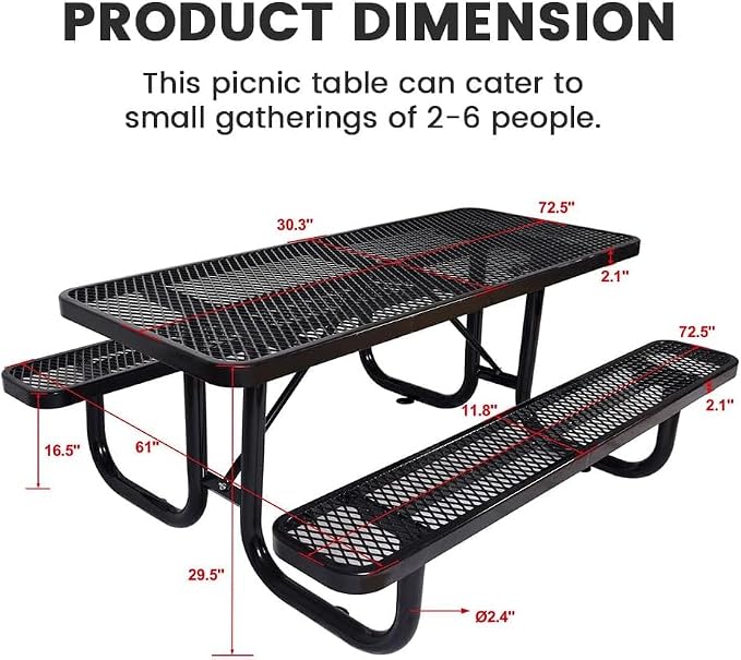 72" Rectangular Metal Picnic Table for 4-8 Person, Durable Heavy Duty Commercial Picnic Table up to 2800 lbs for Outdoor Coffee Shop, School, Hospital, Easy to Install, Black