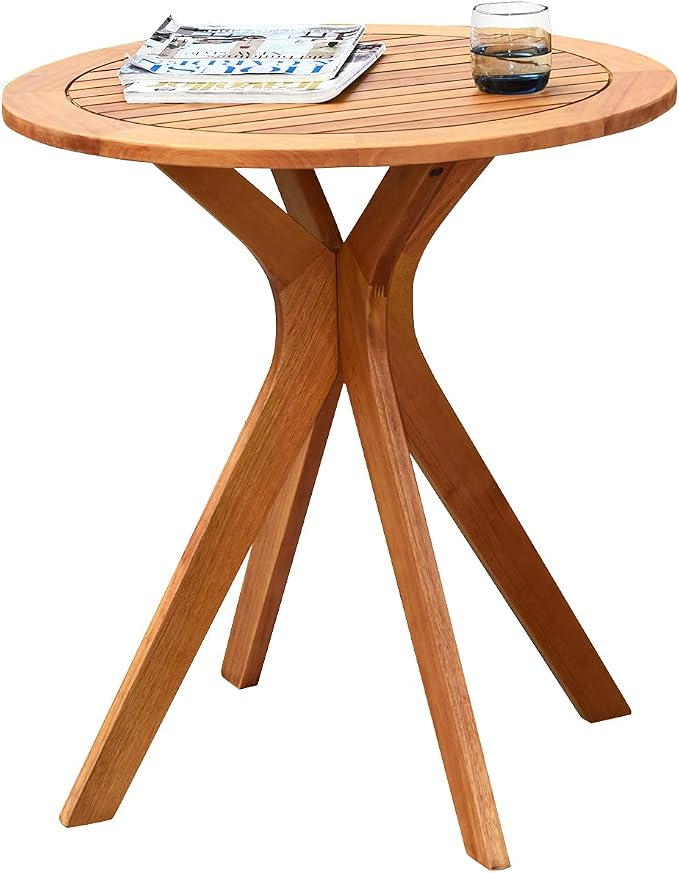 27.5” Outdoor Bistro Table, Eucalyptus Wooden Cafe Table, Round Bar Patio Table, Balcony Table, Side Dinning Table for Garden, Deck & Porch, Teak Finish