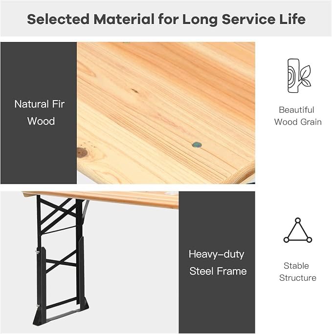 Goplus Folding Picnic Beer Table, Outdoor Camping Table with Umbrella Hole, Adjustable Heights and Wood Top, Portable Picnic Table for Patio Garden Party Backyard, No Assembly