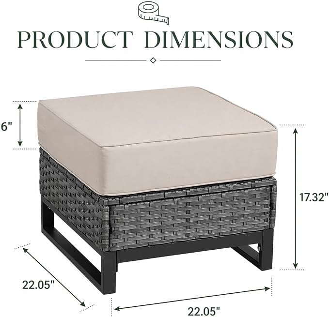 Outdoor Ottomans Set of 2, PE Wicker Patio Footstools with Removable Cushions, All-Weather Rattan Outdoor Ottoman Set for Patio, Backyard, Garden, Porch, Beige