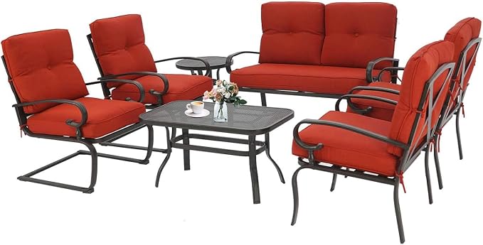 Incbruce 7 Piece Wrought Iron Patio Furniture Set Metal Outdoor Conversation Sets (Loveseat, Coffee Table and Bistro Table, 2 Spring Chair, 2 Dining Chairs) with Cushion (Red)