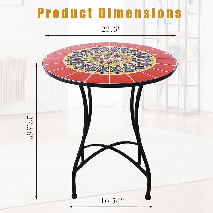 23.6" Outdoor Patio Mosaic Round Table Garden Bistro Accent Table | Ceramic Tile Waterptoof Side End Table Metal Frame Dining Table Furniture for Balcony Backyard Porch Poolside Terrace