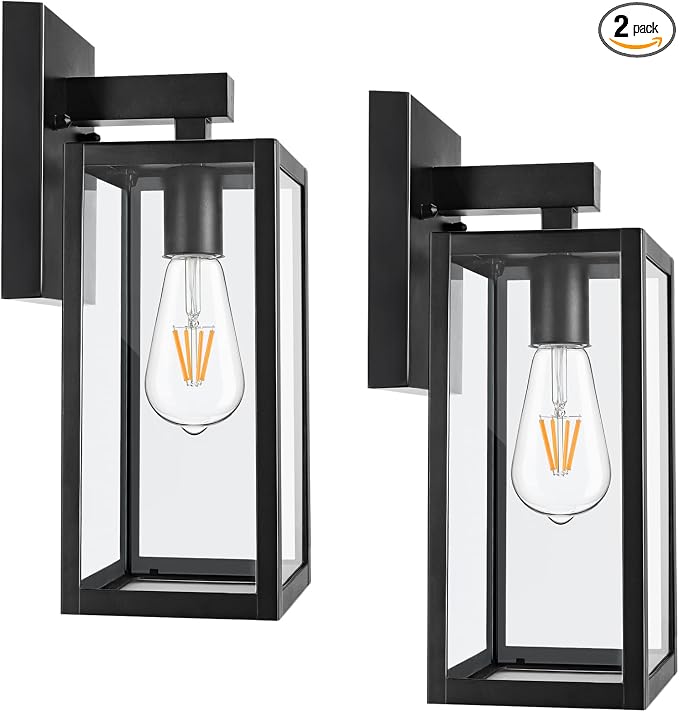 MAXvolador Outdoor Wall Sconce, Large Exterior Waterproof Wall Lantern Light Fixture, Black Porch Lights Glass, Anti-Rust E26 Patio Lighting, 2 Pack | Large Black Porch Wall Lights, Anti-Rust, E26 Socket, Clear Glass Outside Wall Mount Sconces, Front D...