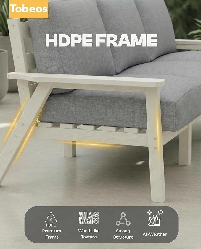 HDPE Patio Furniture Set 8 Seats, Outdoor Couch with Washable Thick Gray Cushions & Side Table, Outdoor Sectional Furniture for Backyard, Deck, Lawn, Porch (White Frame)