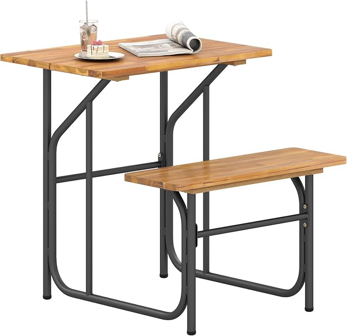 HAPPYGRILL Acacia Wood Picnic Table Bench Set, Dining Table and Bench Set with Heavy Duty Metal Frame, for Patio Porch Garden and Backyard