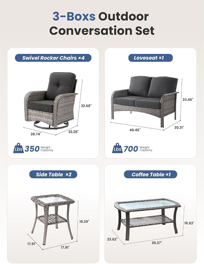 8-Piece Outdoor Patio Furniture Set with Swivel Chairs, Outdoor Conversation Wicker Sofa with Coffee Table, Rattan Couch for Deck Yard Poolside, Black