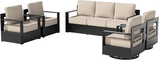 Outdoor Aluminum Furniture Set, 5-Piece Patio Conversation Set, 2 Swivel Chairs, 2 Chairs and 1 Sofa, All-Weather Metal Frame, 6" Thick Removable Cushions, Deep Setting for Garden and Porch