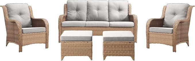 Rilyson Outdoor Patio Wicker Furniture Set - 5 Piece Rattan Patio Conversation Sectional Sofa Set with 1 Couch,2 Armchairs,2 Ottomans for Porch Deck Garden(Yellow/Beige)