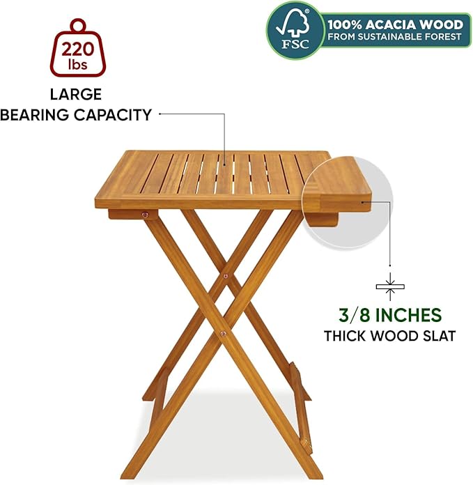 Idzo Heavy Duty 400lbs Capacity Patio Bistro Set 3 Piece Outdoor, Folding Chairs w/Cushion, Square Table, FSC-Certified Acacia Wood, Space-Saving Design for Balcony, Garden and Porch - Upgrade