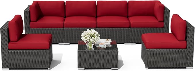 Oakcloud 7-Piece Outdoor Patio Furniture Black Rattan Wicker Sectional Sofa Conversation Set with Glass Top Table and Cushions (Red)