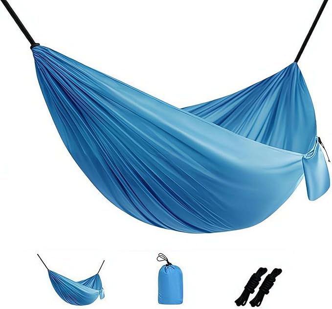 Camping Hammock Lightweight Portable Double Swing with 2 Tree Straps, Heavy Duty Parachute Nylon Bed for Backpacking Hiking Beach, Outdoor Essentials for Backyard Patio Camping Gear (Blue)