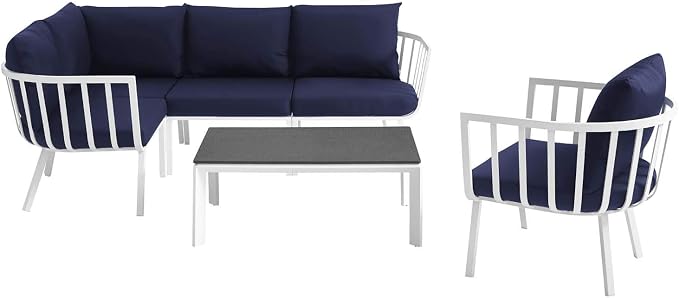 Modway Riverside 6 Piece Sectional Set with Armchair and Table, 61. 5" L x 114" w x 28" H, White Navy