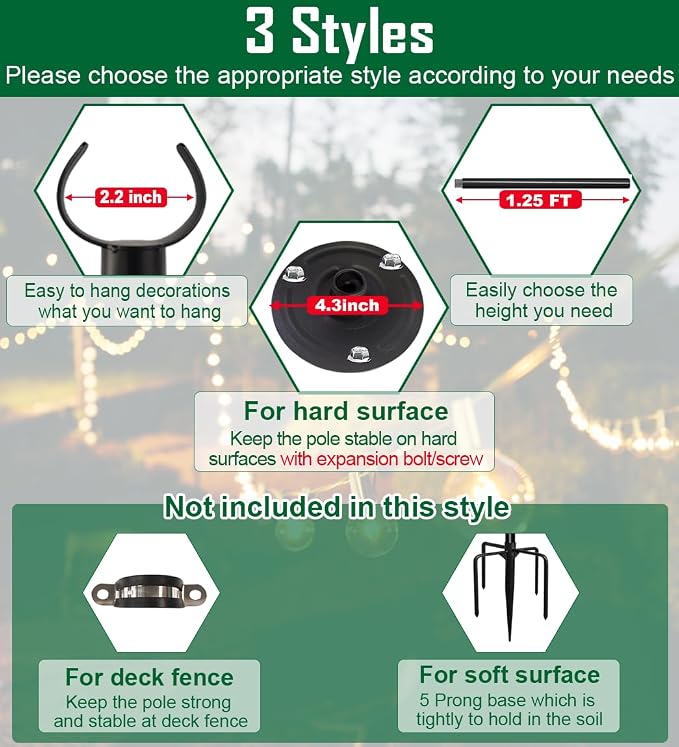 10ft String Light Pole for Hard Surfaces, Light Pole for Outdoor String Light, Perfect for Garden, Backyard, and Patio Lighting Stand for Parties, Wedding - Matte Black Finish - 1 Pack