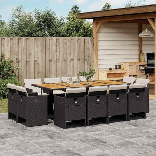 12 Seater Garden Dining Set Black and Brown Outdoor Patio Table with 12 Chairs Folding Poly Rattan Acacia Wood UV Resistant for Backyard Terrace Entertaining