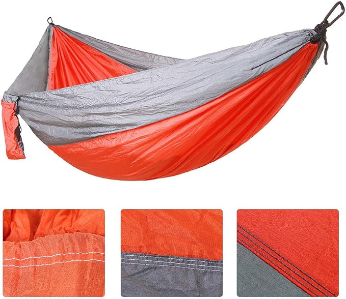 Portable Camping Travel Single Hammock, Lightweight Hanging Bed with Tree Straps and Metal Buckles, 300kg Capacity Nylon Hammock for Outdoor Hiking Backpacking (with Tree Gray and Orange)