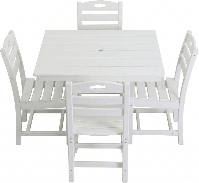 WILLIAMSPACE 37.8" Outdoor Patio Dining Set with 4 Armless Chairs, All Weather HDPE Square Dining Table with Umbrella Hole, Patio 5-Piece Bistro Set for Backyard, Balcony, Lawn, Kitchen (White)