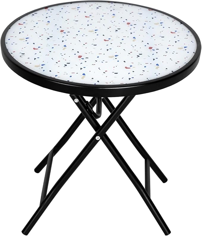 Abba Patio Bistro Table,18" Round Folding Side Table with Tempered Glass Tabletop,Small End Table for Outdoor Indoor Yard Garden Balcony Coffee, Colored Dots
