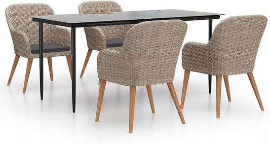 5 Piece Patio Dining Set, Outdoor Acacia Wood Dining Table and Chairs with Cushions, Tempered Glass Tabletop Furniture Set for Garden Backyard, Brown