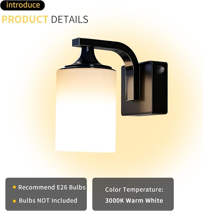 Dusk to Dawn Outdoor Wall Light Sconce, Waterproof Aluminum Porch Light Exterior Fixture with Milk Glass Shade for Patio, Yard, Garden House, Outside, Matte Black