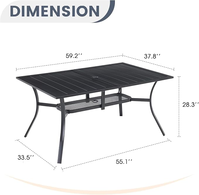 VICLLAX 59" Rectangle Patio Dining Table for 6 Person, Outdoor Metal Slat Table with Umbrella Hole for Porch Backyard Garden Deck, Porch, Black