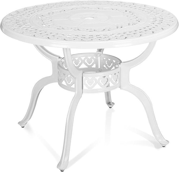 MEETWARM 38.5" Round Patio Dinning Table, Outdoor Cast Aluminum Dinning Table with 2" Umbrella Hole, White