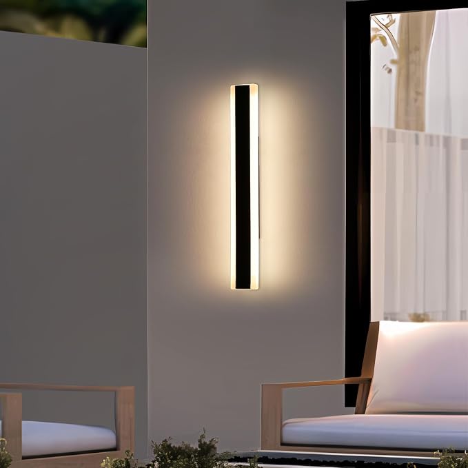 23.6inch Modern Outdoor Wall Light, 3000K Warm White Linear Outside Wall Sconce Waterproof IP65, Acrylic Panel, Black LED Long Wall Lights for Garage Garden Exterior Wall Mount Lights