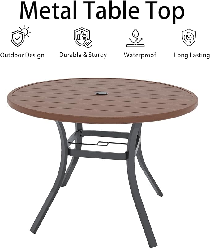 Anmutig Round Outdoor Dining Table, 41-inch All-Weather Patio Table with Adjustable Umbrella Hole for Deck Lawn Garden Backyard Balcony Deck, Metal Frame Slatted Tabletop