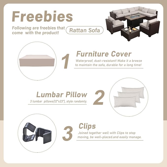 Lviden 10 Pieces Wicker Patio Furniture Set Outdoor PE Rattan Sectional Conversation Sofa Set with Non-Slip Cushions and 45" Fire Pit Table, Beige