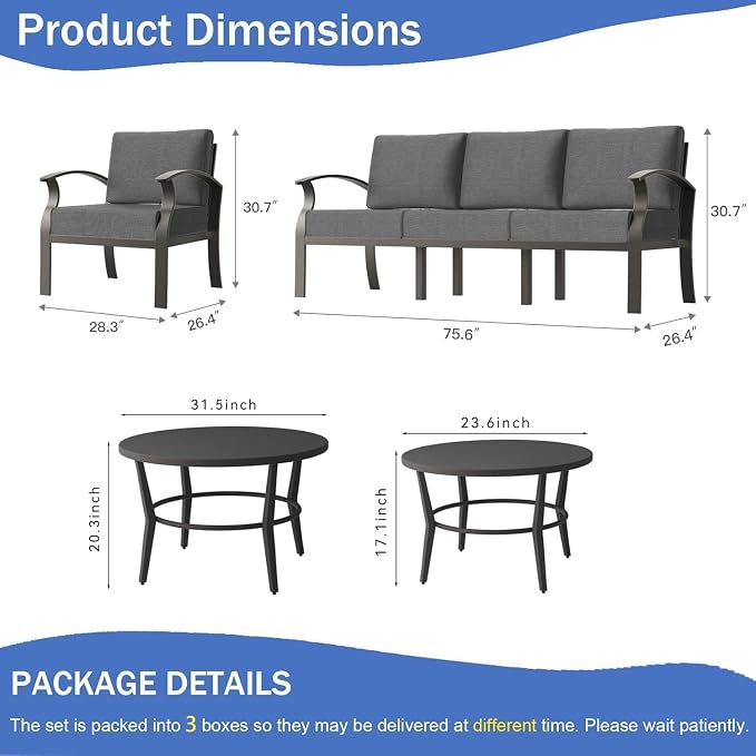 Aluminum Patio Furniture Set with 2 Round Coffee Tables, 5 Seats Outdoor Patio Conversation Sets w/5.1" Cushions,Patio Conversation Sets for Garden, Backyard, Porch-Grey