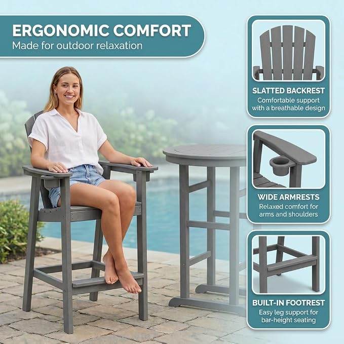 3-Piece Gray HDPE Indoor/Outdoor Bar Height Bistro Set, 31.1" Round Pub Table with 2 Bar Stools, All-Weather Patio Furniture for Balcony, Deck, Poolside & Coastal Use