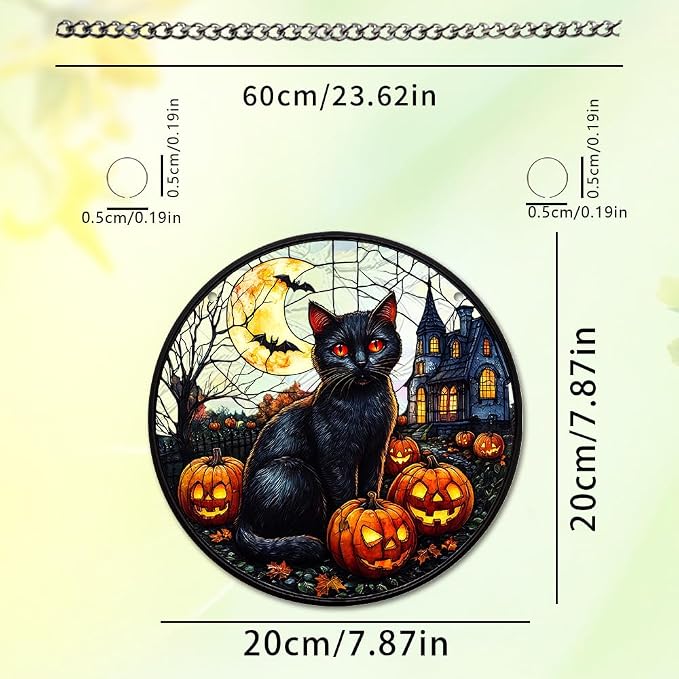 Acrylic Halloween Sun Catcher - 7.87 Inch Black Cat Round Suncatcher for Window Hanging Decoration - Creates Indoor Rainbows Light Refraction - Spooky Ghost, Witch, Pumpkin Design