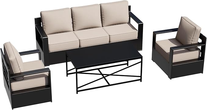 Outdoor Aluminum Furniture Set, 4-Piece Patio Conversation Set, 2 Chairs, 1 Sofa and 1 Table, All-Weather Metal Frame, 6" Thick Removable Cushions, Deep Setting for Garden, Poolside and Porch