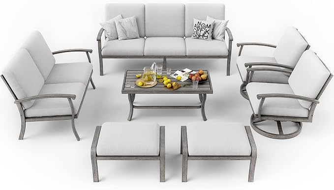 HAPPATIO 7 Piece Aluminum Patio Furniture Set, 3-Seat Outdoor Loveseat, Outdoor Sectional Sofa with Ottomans and Coffee Table, Garden Conversation Set with Swivel Armchairs for Lawn (Gray)