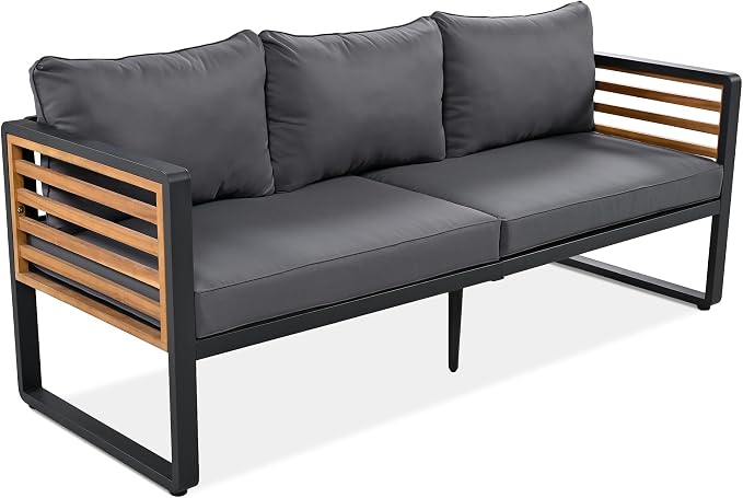Merax 4-Piece Large Size Outdoor Conversation Sofa Set, Metal and Acacia Wood Frame Sofa with Removable Cushions, Waterproof & UV-Resistant, 5-Person Patio Furniture for Garden Backyard, Gray