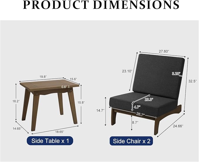 Pia Ricoo 3 Piece Patio Bistro Set with Patio Chairs and Table, Heavy Duty Wood Patio Furniture Set, All-Weather Outdoor Chairs for Balcony, Deck, Poolside, Porch - Drak Gray