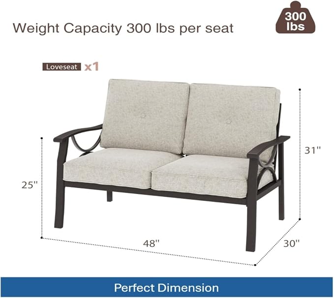 Hassyee 2 Pieces All-Weather Metal Outdoor Conversation Set with Coffee Table and Removable Cushions for Balcony, Patio Furniture Set with Modern Curved Design for Backyard, Lawn (Loveseat)