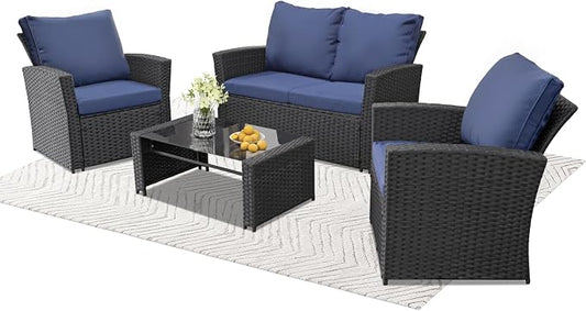 FHFO 4 Piece Outdoor Wicker Patio Furniture Set, Black/Blue | Sectional Sofa | All-Weather Hand-Woven Rattan | Tempered Glass Coffee Table | Durable Fabric | Indoor & Outdoor Use
