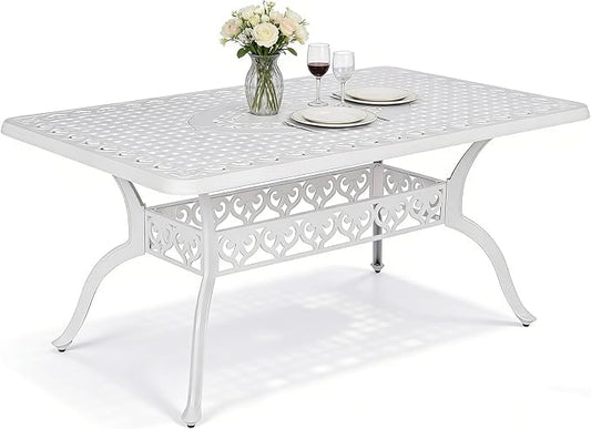 MEETWARM Outdoor 60" Rectangular Patio Dining Table, All Weather Cast Aluminum Large Patio Furniture Table Fits for 6-8 Person with 2" Umbrella Hole, White
