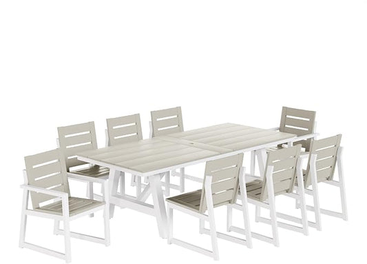 WestinTrends Cape May 9-Piece HDPE Outdoor Furniture Patio Dining Table with Umbrella Hole and Chairs Set for 8, Sand