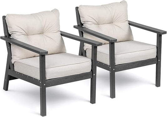 2 Seat Chair Set, HDPE Patio Conversation Set, Outdoor Patio Furniture | Water-Resistant Thick Cushion, HDPE All Weather, Wood-Grain, No Rot or Rust or Crack, UV Fade Shield, Easy-Clean for Outside