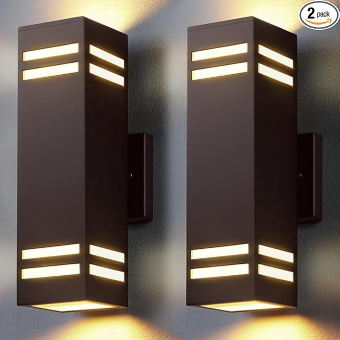 SHIMR Dusk to Dawn Outdoor Lighting, Modern Sconce, ETL Listed, 2 Pack | Bronze, Waterproof Aluminum Exterior Lighting Fixture, E26 Base, LED Bulbs Include, Up and Down Lights for Porch Garage Patio