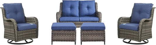 Rilyson Wicker Patio Furniture Set - 5 Piece Rattan Outdoor Sectional Conversation Sets with 2 Rocking Swivel Chairs,2 Ottomans and 1 Loveseat for Porch Deck Garden(Mixed Grey/Blue)