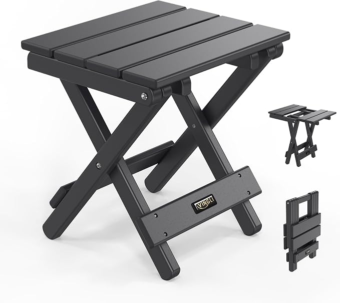 VINGLI Small HDPE Folding Side Table, Plastic Waterproof Portable Adirondack Coffee End Tables, All Weather for Patio, Backyard, Pool, Indoor Use, Slats Style, Black