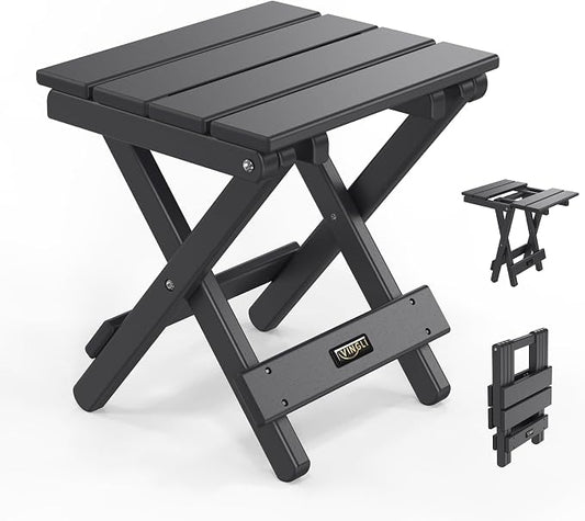 VINGLI Small HDPE Folding Side Table, Plastic Waterproof Portable Adirondack Coffee End Tables, All Weather for Patio, Backyard, Pool, Indoor Use, Slats Style, Black