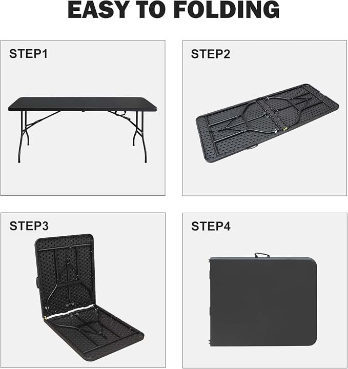 Anwick 6 Foot Folding Table Portable Fold-in-Half Plastic Picnic Table w/Handle and Steel Legs for Indoor, Outdoor, Camping, Party, Garden (Black, 6ft)