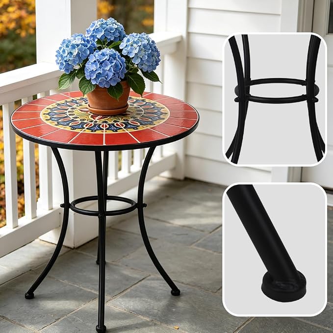3 Piece Bistro Sets Mosaic Tile Round Table Folding Chairs Garden | Set of 3 Patio Furniture 23.6" Table and 2 Chairs Outdoor Bistro Chairs Artistic Table for Balcony Porch Apartment Backyard